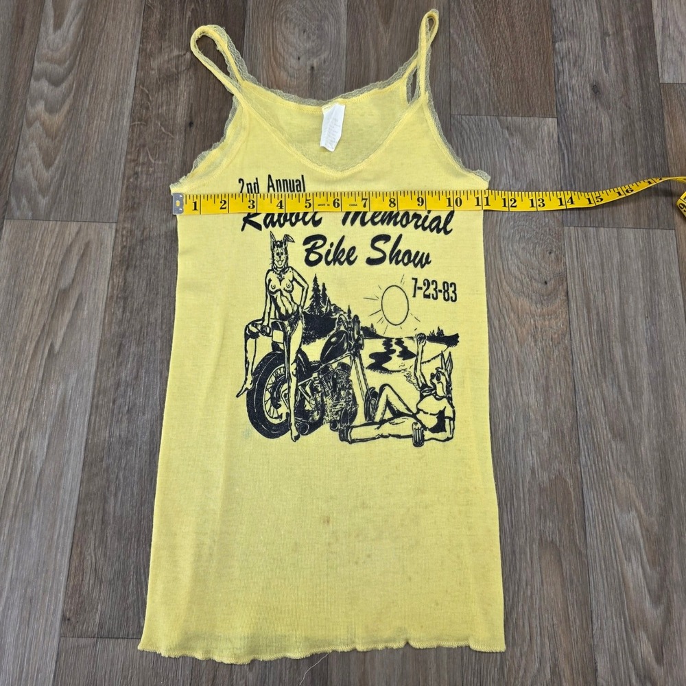 Vintage 1983 Rabbit Memorial Bike Show Yellow Graphic Lace Camisole Tank XL - Picture 4 of 8